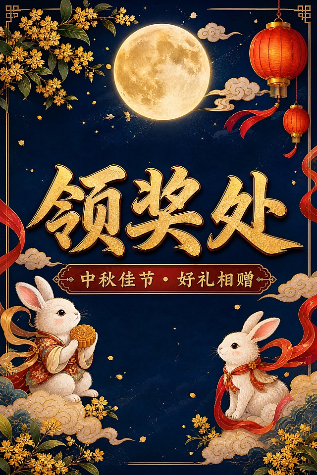 基于参考图重新生成，简化画面内容。保留国风新中式工笔画风，深蓝夜空背景与大满月。画面中央保留大字号金色书法体主标题"领奖处"，下方保留副标题"中秋佳节 · 好礼相赠"。保留两侧玉兔、桂花枝、祥云、红色灯笼等中秋装饰元素。**删除所有多余内容**：去掉领奖地点时间信息框、去掉二维码占位方块、去掉"月圆人团圆·礼满情更浓"及感谢语段落、去掉底部"中秋节快乐"和"但愿人长久"诗句、去掉左侧竖排"花好月圆 情满中秋"文字框、去掉灯笼上的"中秋快乐"文字。画面只保留主标题、副标题和中秋装饰元素，整体简洁大气，版式精美，四周留安全边距。画面中不得出现任何二维码图案。