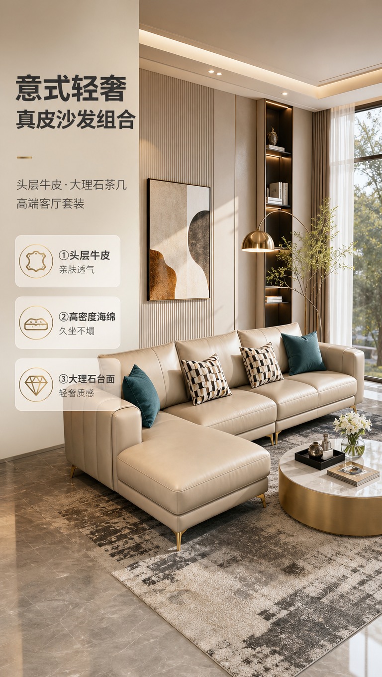 [商品] 使用【图2】浅卡其色头层牛皮L型贵妃沙发（1+2+贵… - 图片创意预览
