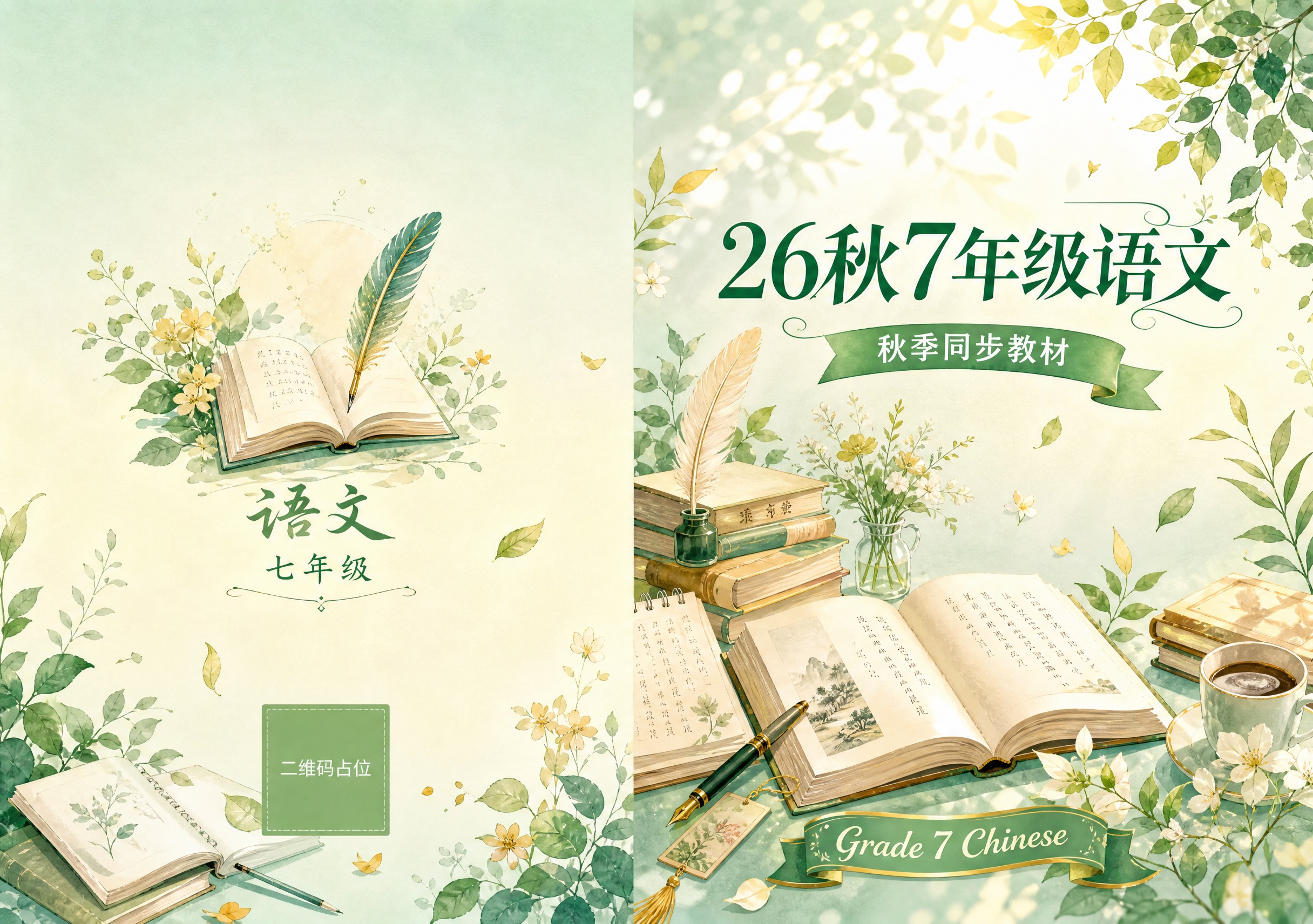 初中语文教材封面封底展开图，左右分栏布局，左侧为封底，右侧为封… - 图片创意预览