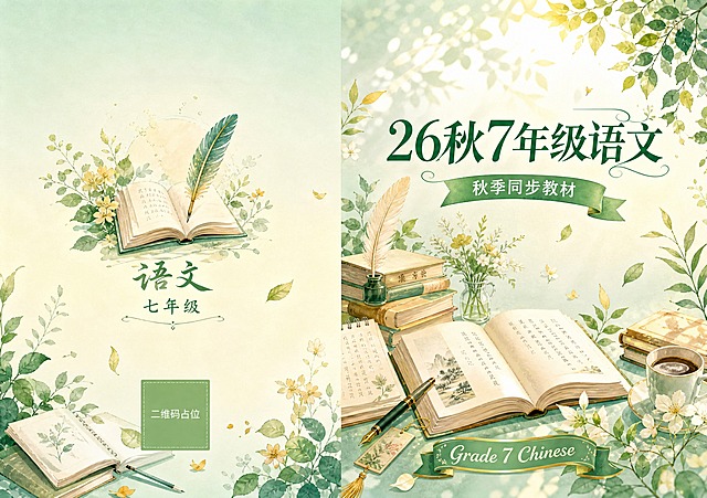 初中语文教材封面封底展开图，左右分栏布局，左侧为封底，右侧为封面，中间无书脊。整体风格为清新文艺插画风格，薄荷绿暖金色调，适合七年级初中生，体现初中语文的文学气息。无深色背景，无任何品牌logo。

【右侧-封面区】：
- 主标题大字："26秋7年级语文"，深绿色优雅字体，居中偏上
- 副标题："秋季同步教材"，白色字体，主标题下方，浅绿色飘带标签
- 左侧装饰：堆叠的书籍、羽毛笔、笔记本，旁边有绿植、花朵
- 下方装饰：打开的文学书籍，书页上有优美的文字，旁边有钢笔、书签、咖啡杯
- 右侧装饰：清新的植物叶子、花朵、阳光透过树叶的光影
- 底部："Grade 7 Chinese"绿金飘带

【左侧-封底区】：
- 简洁设计，无目录内容，无品牌logo
- 中央：羽毛笔和打开的书本图案，下方写"语文 七年级"艺术字
- 周围装饰：绿植、花朵、书本、羽毛笔等文艺元素
- 底部：二维码占位符（纯色方块，中央标注"二维码占位"文字）

整体背景：薄荷绿到浅金的明亮渐变，点缀植物、阳光、花朵。清新文艺风格，明亮有文学气息。版式精美，文字清晰可读。画面中所有数字必须精确渲染。无任何品牌logo和标识。