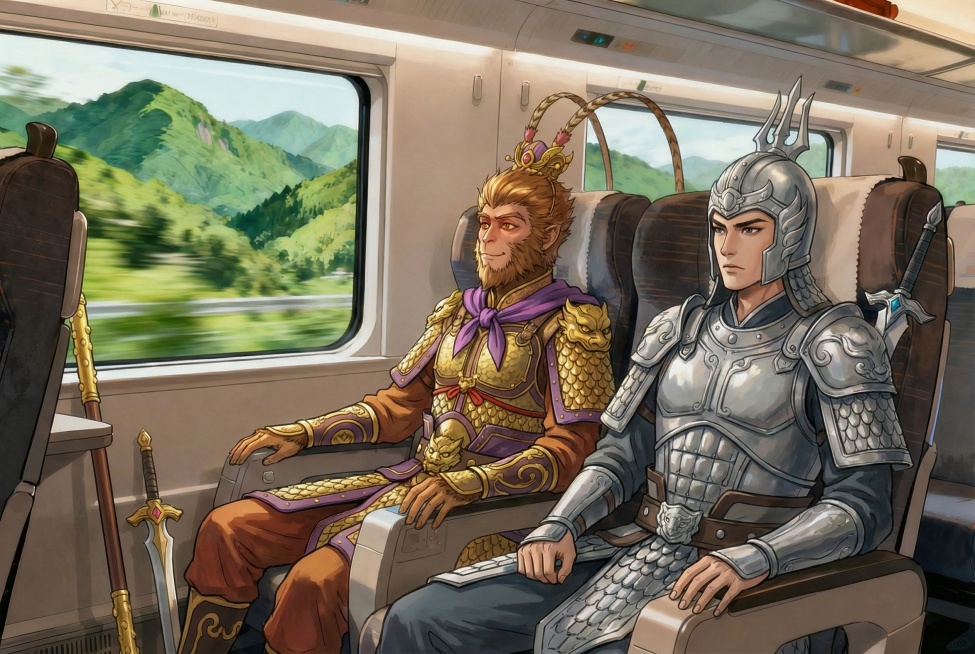孙悟空头戴凤翅紫金冠、锁子黄金甲、藕丝步云履，杨戬身着银甲战衣，头戴三叉二郎盔，两人并排坐在这列高铁的商务空座上，风格和场景与之前的图保持一致预览效果
