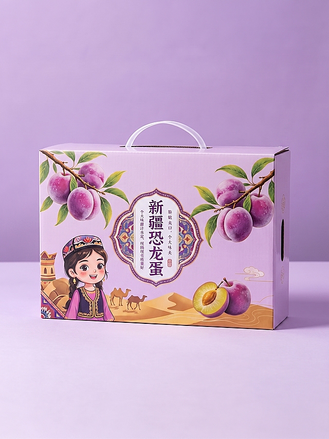 将盒子底色改为淡紫色，添加紫色圆形新疆杏李（外形参考蜂糖李）和切开的李子，李子元素采用拍摄写实风格，添加挂满李子的李子叶树枝元素，添加卡通新疆风格小女孩人物，增加其他新疆元素丰富画面，盒子标题改为"新疆恐龙蛋"，文字周围加上新疆风格图案边框，添加小文案"个大味甜汁水足，现摘现卖质量好"，所有元素都保留在包装盒上，盒子呈现覆膜质感，整体背景色改为纯色风格，原包装的提手和包装盒结构保持不变