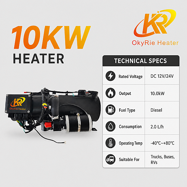 Technical specs image: 10KW Heater on left, keep product same as input. KR logo at top right. Light gray background, specs table on right. 1:1, all English. Specs: Rated Voltage DC 12V/24V, Output 10.0kW, Diesel Fuel, Consumption 2.0 L/h, Temp -40°C~+80°C, for Trucks Buses RVs. Clear text, light color, high def. No Chinese. Negative: deformation, blur