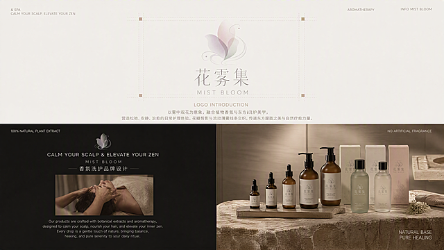 参考图2的整体版式结构、上下分栏布局、Logo展示位置、图片排版节奏、留白比例和高级品牌提案页氛围。将画面中所有原品牌文字、Logo、标题和说明文字全部替换为花雾集MIST BLOOM品牌。

画面中绝对不允许出现原品牌相关内容SUMMER HALF、半夏以及其他无关品牌中英文，所有可见品牌标识必须只显示花雾集和MIST BLOOM。

【上半部分】保留参考图的品牌Logo介绍版式，中央展示品牌Logo花雾集MIST BLOOM，图形标识使用朦胧半虚化花瓣与薄雾曲线符号，整体保持纤细、柔和、干净、现代东方气质。上半部分背景为柔米白浅灰米色，加入极细网格、浅金色细线、少量留白和克制的排版辅助线，体现低饱和新中式清冷美学。左上角小字为"& SPA / CALM YOUR SCALP, ELEVATE YOUR ZEN"，右上角小字为"AROMATHERAPY / INFO MIST BLOOM"。Logo下方标题为"LOGO INTRODUCTION"，再下方是中文说明文字："以雾中观花为意象，融合植物香氛与东方洗护美学，营造松弛、安静、治愈的日常护理体验。花瓣剪影与流动薄雾线条交织，传递东方朦胧之美与自然疗愈力量。"

【下半部分】左右分栏布局。左侧深色背景区域展示品牌理念，顶部小字"100% NATURAL PLANT EXTRACT"，中央有小型花瓣Logo图形，主标语"CALM YOUR SCALP & ELEVATE YOUR ZEN"，下方"MIST BLOOM"品牌名，再下方是一张SPA护理氛围小图，底部英文说明文字。右侧区域展示高级洗护产品陈列场景：石质台面上摆放花雾集香氛洗护系列产品，浅茶色玻璃滴管瓶整齐排列，搭配哑光黑色瓶盖，背景为极简SPA室内空间，整体色调低饱和清冷。右上角小字"NO ARTIFICIAL FRAGRANCE"，右下角"NATURAL BASE / PURE HEALING"。

产品为花雾集MIST BLOOM香氛洗护系列，使用玻璃瓶材质、浅茶色玻璃、灰绿色玻璃、透明玻璃，部分瓶身带轻微磨砂质感，搭配哑光黑色泵头、滴管盖或旋盖。包装盒为米白、浅灰、灰豆绿、雾粉色哑光卡纸，整体色调低饱和、清冷、柔和、现代东方。

画面文字必须清晰、准确、无乱码，主标题为花雾集，英文为MIST BLOOM，副标题香氛洗护品牌设计、MIST BLOOM BOTANICAL CARE。

整体光影参考原图，明亮但不过曝，柔和自然光，高级商业品牌提案页质感，排版整齐，留白充足，视觉干净克制，不要昏暗，不要花哨，不要高饱和颜色。

画面中必须完整呈现以下文字信息：花雾集、MIST BLOOM、AROMATHERAPY、LOGO INTRODUCTION、100% NATURAL PLANT EXTRACT、CALM YOUR SCALP & ELEVATE YOUR ZEN、NO ARTIFICIAL FRAGRANCE、NATURAL BASE、PURE HEALING、香氛洗护品牌设计、以雾中观花为意象融合植物香氛与东方洗护美学。画面中所有数字必须精确渲染，不得出现错位、遗漏或编造的数字。画面中所有信息区域必须填充完整合理的内容，不得出现空白框、空白占位。版式精美。