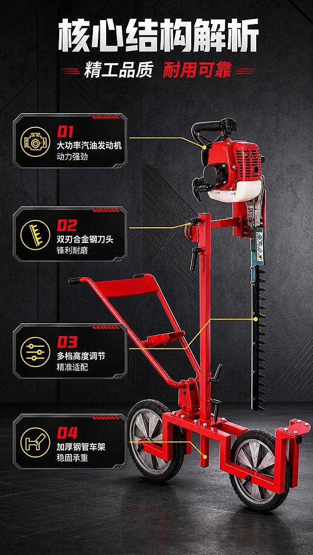 [商品] 使用【图1】红色手推式汽油绿篱修剪机；保留红色金属车架、白色油箱汽油发动机、黑色双刃锯齿刀头、双轮手推结构、黑色把手、高度调节旋钮、整体比例和颜色；商品处理：增强各部件细节质感，不改变结构和颜色。
[画面] 目标：结构材质拆解，展示核心部件品质。构图：产品主体居中偏右（占45%），左侧为4个结构标注卡（占55%），用粗引线分别指向产品对应部位。产品角度为侧视全貌，清晰展示各部件位置。标注部位：1.汽油发动机、2.双刃锯齿刀头、3.高度调节机构、4.加厚金属车架。背景为深炭灰渐变，带工业风底纹。
[视觉] 套系策略：风格=工业专业风商业摄影；标题字=粗黑体硬朗无衬线；正文字=简洁无衬线体；主色=工业红+深炭灰；背景延展=基于深炭灰做深浅层级、同色渐变和细腻金属磨砂质感；强调色=亮黄色，仅用于小面积图标、引线和标签；标题色=白色/工业红；正文色=浅灰/白色；组件=直角信息卡、粗线引线、工业风图标；光影=左前侧硬光，突出金属质感和各部件立体感。
[文字] 顶部主标题「核心结构解析」，副标题「精工品质 耐用可靠」；4个结构标注卡文字分别为：「大功率汽油发动机 动力强劲」「双刃合金钢刀头 锋利耐磨」「多档高度调节 精准适配」「加厚钢管车架 稳固承重」；引线从文字卡指向产品对应部位，文字全部横向排版。
[规格] 图片比例9:16竖版，4K分辨率，淘宝/天猫详情页适配，中文文案；避免变形、错字、文字过小、冷蓝背景、产品颜色改变、结构失真、极限词。