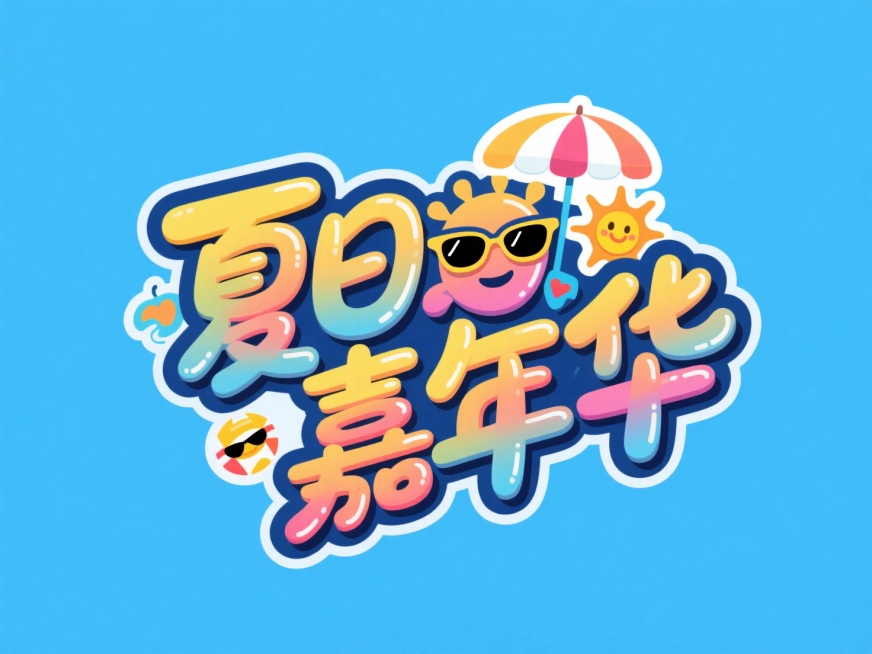 字体"夏日嘉年华"，创意字体设计增加遮阳伞、太阳、墨镜等夏日小元素元素，涂鸦风格，蓝色背景。预览效果