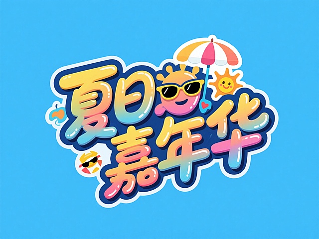 字体"夏日嘉年华"，创意字体设计增加遮阳伞、太阳、墨镜等夏日小元素元素，涂鸦风格，蓝色背景。