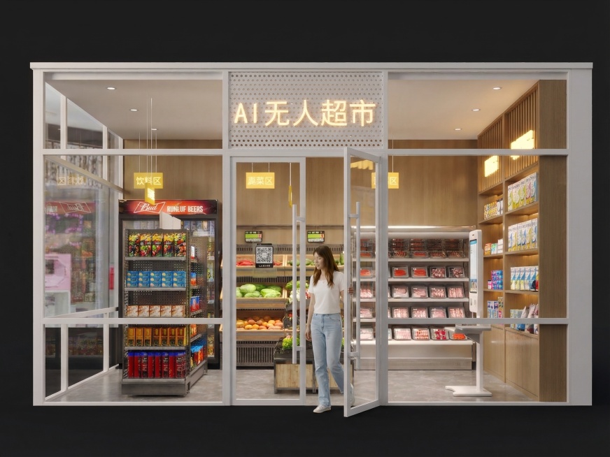 保留图中AI无人超市的完整外观、内部货架、商品陈设、灯光、黑色背景、门上二维码等所有原有内容不变，在超市玻璃门处添加和参考图中一模一样的穿白上衣牛仔裤的中国女生，女生正从超市内部推开玻璃门向外走出，动预览效果