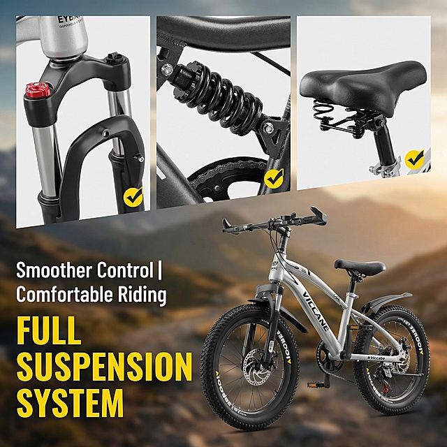 Create a 1:1 ratio Instagram/TikTok/Pinterest story graphic, strictly restore the EYBAIKC full suspension system details, keep the front lockable suspension fork, rear suspension, spring seat, black frame and all product details completely consistent with the uploaded picture. The overall style is comfortable and high-quality outdoor style. Main title (bold yellow large font, bottom left): "FULL SUSPENSION SYSTEM". Subtitle (white medium font, above main title): "Smoother Control | Comfortable Riding". Information layout: Place the split close-ups of the front suspension fork, rear suspension and spring seat in the upper half of the frame (restore the red front lock button, black rear suspension texture and black seat spring details), place the main title and subtitle on the left side of the close-ups, and add a small yellow check mark next to each suspension part. Design emphasis: Use a soft outdoor background (mountain bike path), highlight the metal texture of the suspension parts and the soft texture of the seat, arrange the close-ups in a neat magazine-style collage, use white text to match the dark background, and ensure the text layout is unified with the previous screens to maintain visual harmony.