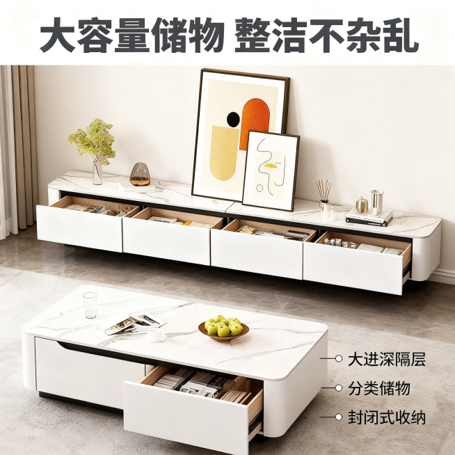 [主图 2] 电视柜茶几组合收纳功能展示
[氛围风格] 温馨舒适家居治愈风，自然暖光，和主图1保持同一客厅场景和光影风格
[画面元素] 商业摄影质感、光线柔和通透、产品清晰真实、画面干净高级。保持产品预览效果