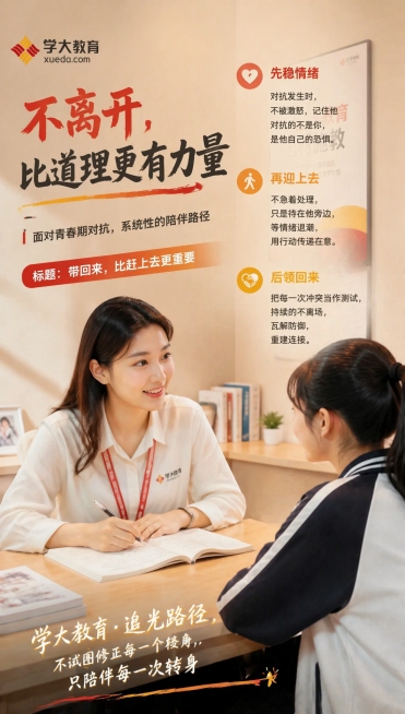 在这张图片中，填入以下文案，保持画面高端大气，文字灵动有朝气，布局合理：大标题：不离开，比道理更有力量；副标题：面对青春期对抗，系统性的陪伴路径；小标题：先稳情绪 对抗发生时，不被激怒，记住他对抗的不预览效果