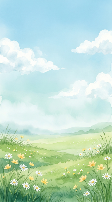 8K超高清水彩风格插画，治愈系清新自然风景，画面核心为春日郊野草地与天空，整体氛围温柔治愈、清新明亮，适配插画背景、绘本、海报、PPT等场景。风格：顶级水彩手绘插画风格，笔触柔和晕染，质感通透轻盈，主预览效果