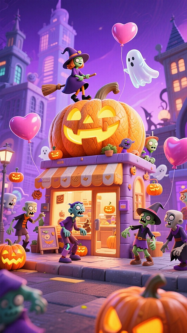 画面中有南瓜造型的店铺，周围环绕僵尸、女巫、幽灵、南瓜灯等元素，空中漂浮粉色爱心气球，背景是充满奇幻感的都市建筑，整体风格卡通梦幻，色彩以紫、橙为主