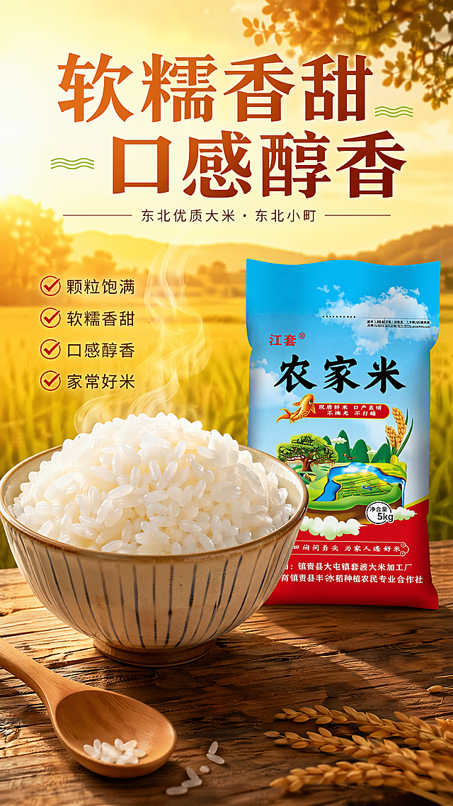 [第4屏] 煮熟米饭效果展示。中心放一碗热腾腾米饭，饱满蓬松带热气，右侧竖放【图1】包装占30%宽度，保持不变。左下角放木勺，顶部标题「软糯香甜 口感醇香」。全局暖金底色，9:16竖版，4K，文字清晰。负向提示：米饭变质，包装变形。