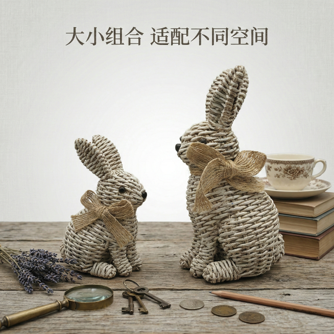 以这对仿藤编兔子摆件为主体，生成1:1比例的详情页图，展示兔子和常见物品的尺寸对比，保持复古质朴的风格，背景为浅灰色渐变，添加文字“大小组合 适配不同空间”预览效果