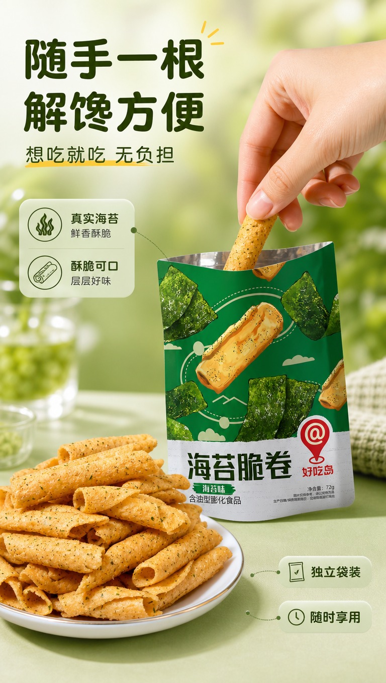 [商品] 使用【图1】海苔脆卷实物与【图2】产品包装袋；保留脆… - 图片创意预览