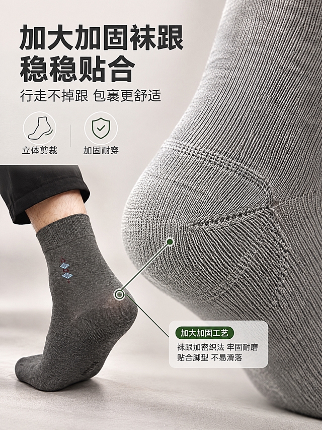 [商品] 使用【图2】【图9】男士竹纤维中筒袜（浅灰色+深灰色）；保留袜跟形状、加固结构、针织纹理、颜色；增强袜跟部位纹路与缝线的清晰度，展示加大加固工艺，不改变袜跟结构。
[画面] 页面目标：展示加大加固袜跟，稳稳贴合不滑落。构图：右侧大特写展示袜跟立体结构与加固工艺，左侧为上脚后侧视角，清晰呈现袜跟包裹脚后跟的贴合效果；主体占画面65%，前景袜跟特写，中景为脚踝后侧穿着效果，背景为浅暖灰渐变；阅读动线从右到左、从上到下。
[视觉] 套系策略：风格=简约高级男士商业摄影；标题字=现代无衬线粗体中文；正文字=简洁无衬线体；主色=浅暖灰；背景延展=基于浅暖灰做深浅层级渐变、细腻哑光质感，局部加入浅米色柔化；强调色=深竹绿，仅用于小面积图标、引线和重点词高亮；标题色=深炭灰；正文色=中暖灰；组件=细线引线、圆角浅底信息卡、极简图标；光影=左前侧柔和自然光，阴影柔和不生硬。
[文字] 左上区域主标题：加大加固袜跟 稳稳贴合，副标题：行走不掉跟 包裹更舒适；下方配2个短卖点：立体剪裁 / 加固耐穿；文字横向排版，位于画面左上留白区，用细线引线指向袜跟部位，不遮挡工艺细节。
[规格] 图片比例3:4竖版，2K分辨率，medium质量；避免变形、错字、文字过小、冷蓝背景、袜跟变形、纹路模糊。