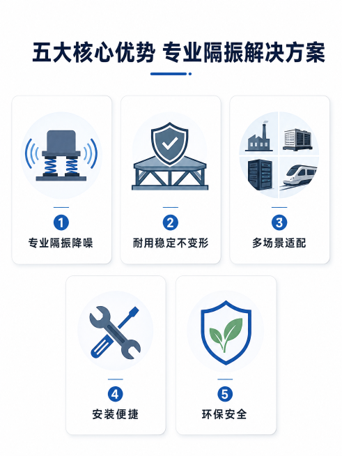 [第2屏] 核心卖点总览页，白色干净背景，顶部主标题：五大核心优势 专业隔振解决方案。分两排五个卡片，分别为：1.专业隔振降噪；2.耐用稳定不变形；3.多场景适配；4.安装便捷；5.环保安全。每个卡片预览效果