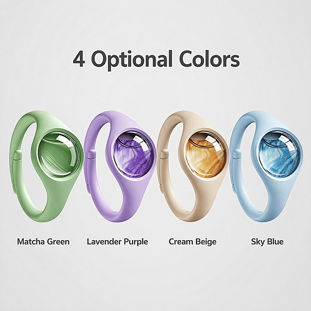 [Main Image 5] Multiple color options display of Mosquito Repellent Bracelet, low saturation light gray gradient background, style consistent with the whole set. Display all four color options (Green, Purple, Beige, Blue) of the product, keep the product appearance, structure, texture and color consistent with the input image. [Atmosphere style] Neat and standardized, clear display, convenient for users to choose. [Image quality] Commercial photography, clear product, uniform light. [Elements] Four different color mosquito repellent bracelets are arranged neatly and evenly in the picture, each product is independently displayed, the spacing is uniform, and the complete shape is displayed. Each color is marked with the corresponding English color name below: "Matcha Green", "Lavender Purple", "Cream Beige", "Sky Blue". Add main title "4 Optional Colors" at the top. [Light and shadow] Uniform soft studio light, no shadow, clear display of each color. [Color matching] Background light gray, product original color bright, each color is true and consistent, text dark gray, clear contrast. [Perspective composition] Flat layout, horizontal uniform arrangement, each product is completely displayed, no occlusion. [Text layout] All English text, clear font, moderate size, do not block the product, neat layout. [Proportion resolution] 1:1 proportion, 2048px * 2048px 2K resolution, text clear, ultra high definition. [Negative prompt] Deformation, color difference, text disorder, watermark, Chinese characters, messy arrangement, occluded product.