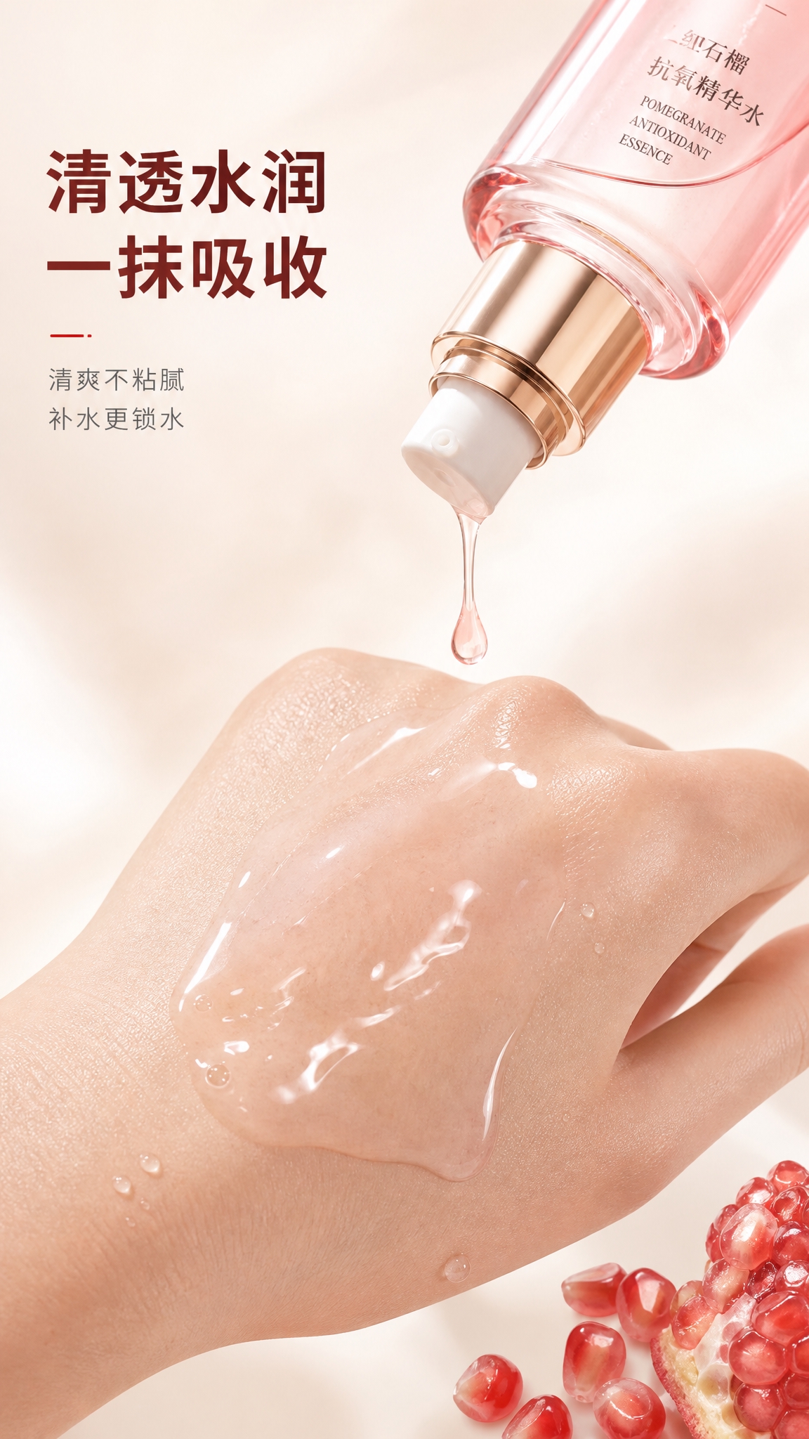 [主图-3] 质地与肤感展示，红石榴精华水质地微距与上手效果。… - 图片创意预览