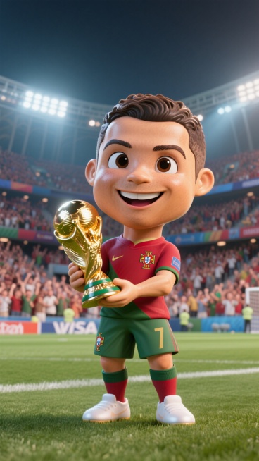Q版Cristiano Ronaldo，3D卡通风格，身体显示完整，侏儒比例，手办感觉，身穿葡萄牙球衣，手捧着世界杯奖杯，眼神笑眯眯，C4D 渲染有反光，皮肤非常精致光滑，背景是有观众的足球场预览效果