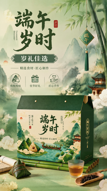 端午节粽子礼盒营销海报，国潮国风风格，传统端午节日氛围。主标题文字为“端午岁时”，副标题为“送礼佳选”，装饰文案为“精选食材·匠心制作”，卖点为“传统风味，佳节好礼，匠心手作”。100% 还原上传商品预览效果