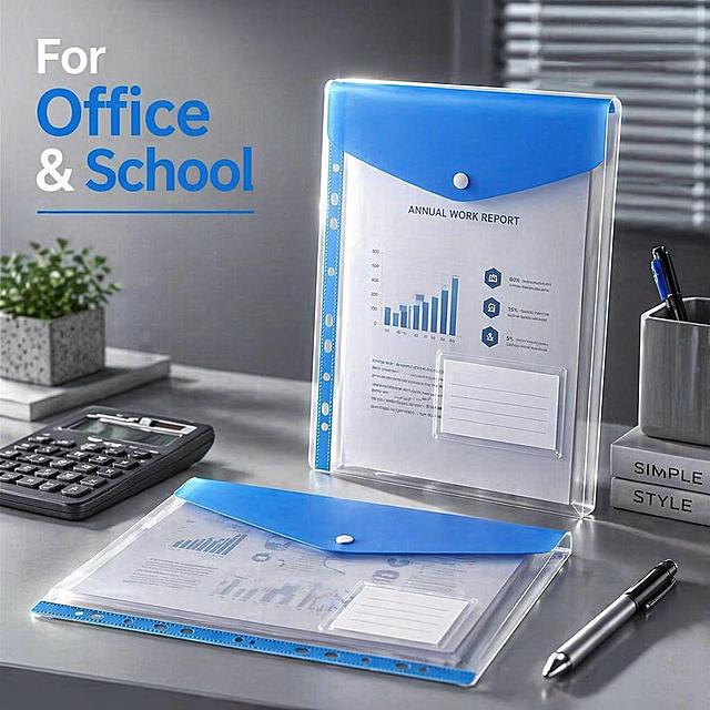 Modern minimalist office desk scene, landscape pocket for invoices and portrait pocket for reports, with calculator and pen props, product with 3D floating effect, back rim light outlining plastic edge, depth of field sandwich effect, 70% matte gray + 30% electric blue, overlay text "For Office & School", photorealistic commercial photography. 现代简约办公桌面场景，横版文件袋平放收纳报表票据，竖版文件袋立放收纳报告文档，搭配计算器、钢笔等灵魂道具，产品 3D 悬浮感呈现，侧逆光勾勒塑料边缘轮廓，景深三明治效果，70% 哑光灰中性色 + 30% 电光蓝点缀，叠加文案 "For Office & School"，文字简洁不抢主体，商业摄影级质感