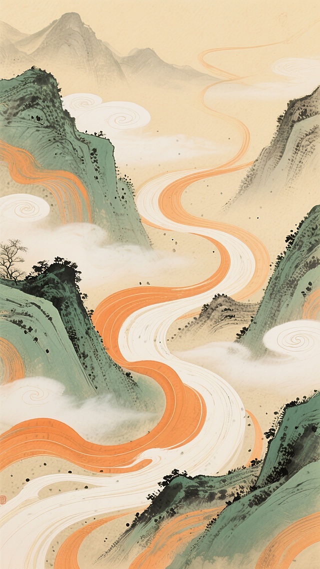中国传统水墨风格的国风山水艺术作品，画面以米黄色为基调，融入橙色、绿色的流动曲线，如同山水间的云雾与水流，采用水墨晕染的技法，色彩过渡自然柔和，线条流畅飘逸，点缀着细小的墨点和漩涡状纹理，营造出空灵悠远的意境，整体呈现出传统与现代结合的装饰美感，构图饱满且富有动感，展现出山水相连、气韵生动的东方美学韵味。