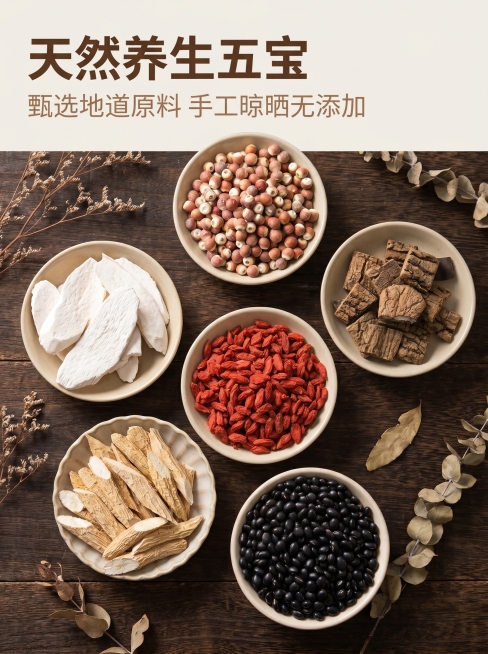 [主图 1] 养生五宝组合首图，天然滋补养生食材组合展示
[氛围风格] 自然原生态国风，简约高级，突出食材品质
[画质] 商业摄影质感、光线柔和通透、产品清晰真实、画面干净高级
[元素] 六种养生食材预览效果