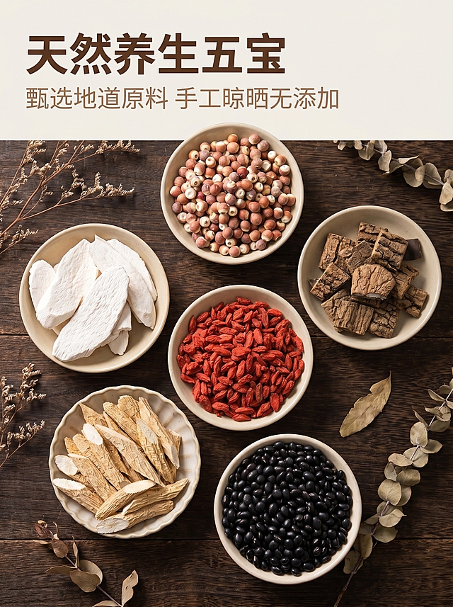 [主图 1] 养生五宝组合首图，天然滋补养生食材组合展示
[氛围风格] 自然原生态国风，简约高级，突出食材品质
[画质] 商业摄影质感、光线柔和通透、产品清晰真实、画面干净高级
[元素] 六种养生食材芡实、山药片、杜仲、枸杞、牛蒡、黑豆分区域排列在深色木质餐桌上，搭配浅色粗陶碗盛放，周围点缀干燥植物枝条作为装饰，保持每种食材外观、物理结构、材质质感、颜色与输入产品图绝对一致，杜绝任何变形和色差，精细化处理。商品主体占比严格控制在 65% 左右，画面满铺无边框
[光影] 自然侧光，浅景深，突出食材纹理细节，明暗层次清晰，整体暖调氛围
[配色] 主色调为自然木色和食材原色，清新自然，干净高级
[视角构图] 俯视角度，全景构图，食材错落分布，视觉层次分明
[文字版式] 左上负空间左对齐留安全边距，主标题「天然养生五宝」使用深棕色最大号粗体无衬线字体，副标题「甄选地道原料 手工晾晒无添加」约半高，同色系略浅
[比例分辨率] 3:4 比例，2k 分辨率，文字清晰锐利，画面超高清
[负向提示词] 变形，水印，文字错乱，产品图模糊，背景杂乱，牛皮癣，配色刺眼，遮挡主体