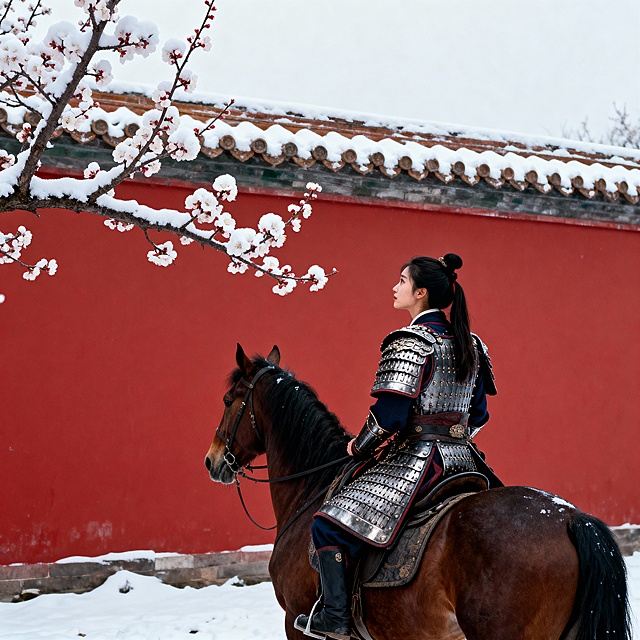红色背景墙干净整洁，画面左侧有梅枝横向伸出，墙头、梅枝、地面上有积雪。主体是骑着马的女将军坐在马上，静静的欣赏眼前的梅花。