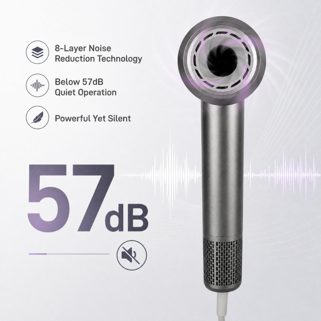 [主图-8] 低噪音技术展示。保持吹风机外观钛灰材质颜色不变，画面用声波可视化展示，低于57分贝低噪音，图标显示静音标识，背景安静简约浅灰，文字：8-Layer Noise Reduction Tec预览效果