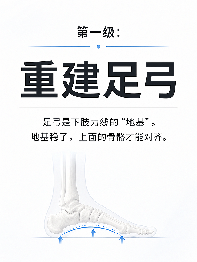 分级标题页，文字内容"第一级： 重建足弓\n足弓是下肢力线的“地基”。地基稳了，上面的骨骼才能对齐。"，简约干净的科普图文排版，清晰易读