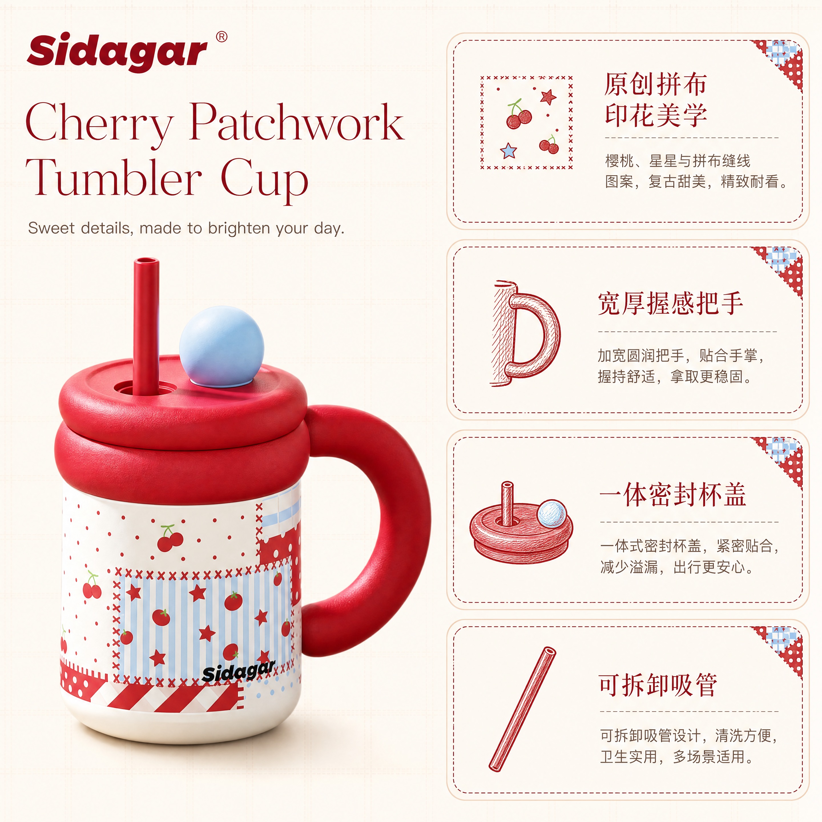[商品] 使用【图1】Sidagar 樱桃拼布印花马克杯；保留… - 图片创意预览