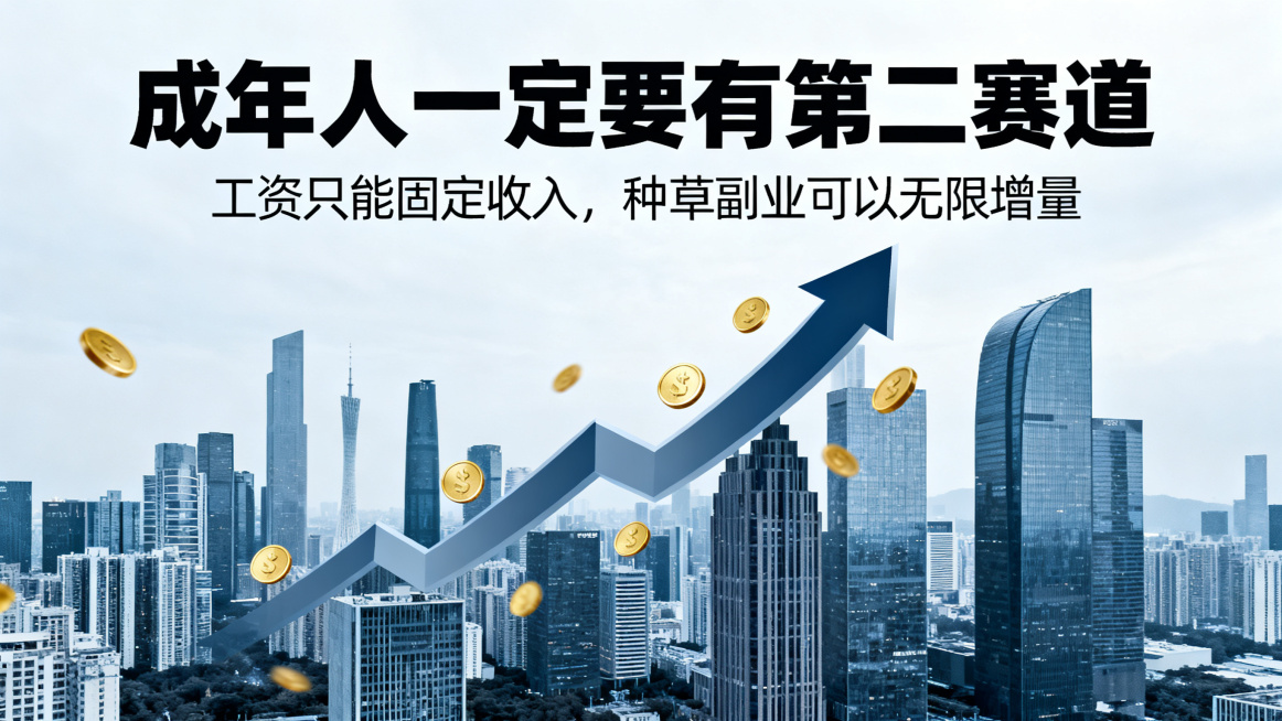 海报设计，主标题：成年人一定要有第二赛道，副标题：工资只能固定收入，种草副业可以无限增量。商务风，背景是都市写字楼，搭配成长上升箭头和金币元素，主副标题分明，励志风格。预览效果