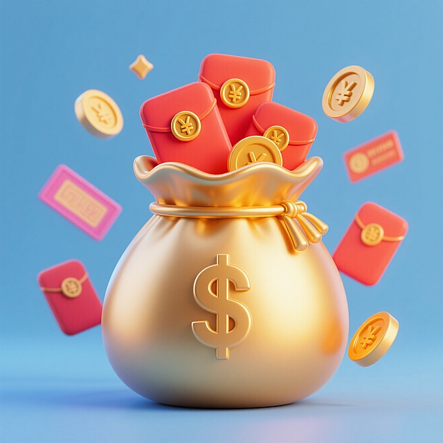 软3D风设计，金色钱袋与红包、金币飞舞，营造喜庆节日氛围。