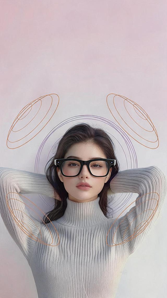 去掉图一人物耳朵上的有线耳机，将图二中的黑色AR智能眼镜佩戴到图一人物脸上，保持原有人物姿势、浅粉色渐变背景和整体光影风格不变，融合自然