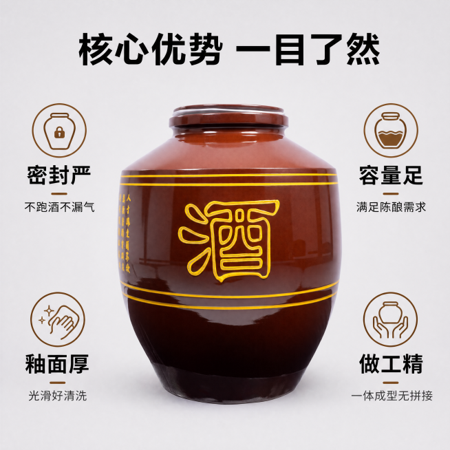 [主图-2] 棕色陶瓷酒坛核心亮点展示。
[氛围风格] 专业品质感，清晰展示产品优势
[画质] 商业摄影质感，光线明亮通透，产品清晰真实，画面干净高级
[元素] 棕色带黄色酒字的陶瓷酒坛居中，周围环绕预览效果