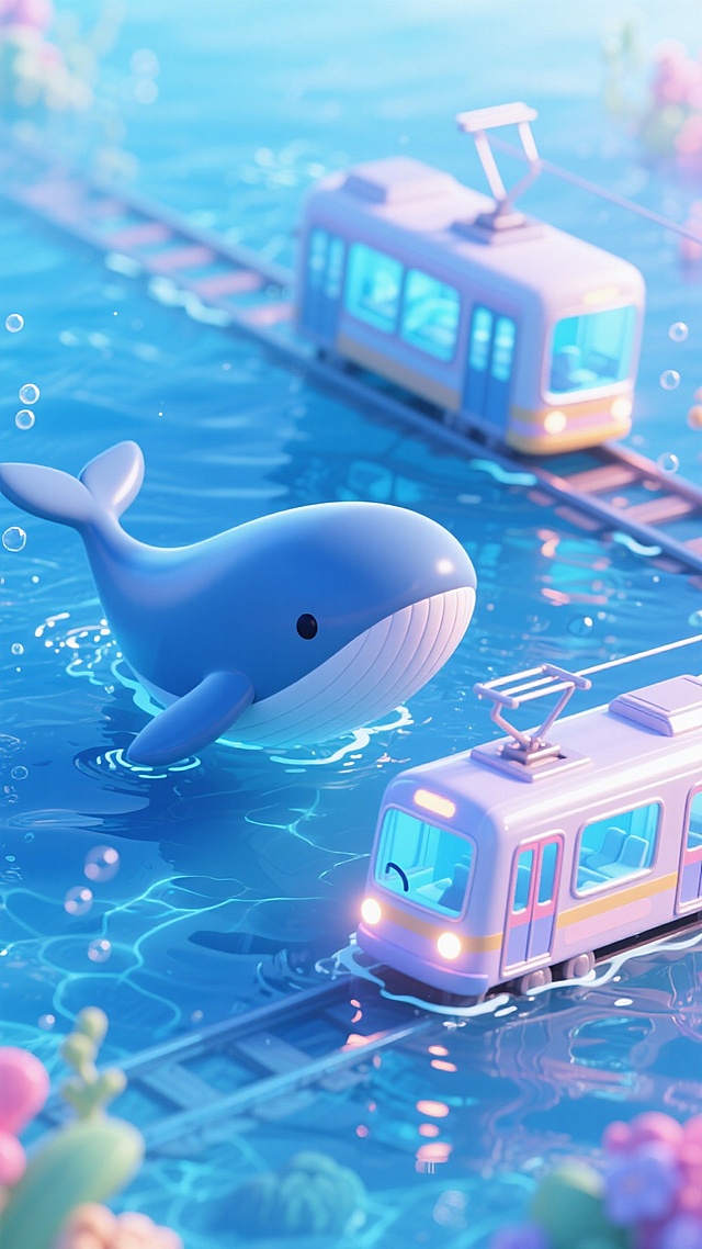 清澈的大海，巨大的鲸鱼，海底，海中行驶的电车