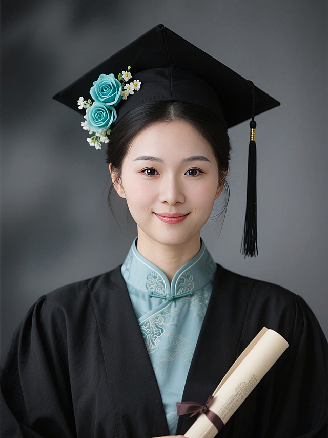 女生证件照，黑色学士袍，内衬是天青色汉服，鬓角和帽子上簪青色洋桔梗和青色玫瑰、白色小花，学士帽穗子，手执卷轴，领口复古花纹，黑灰色朦胧背景。