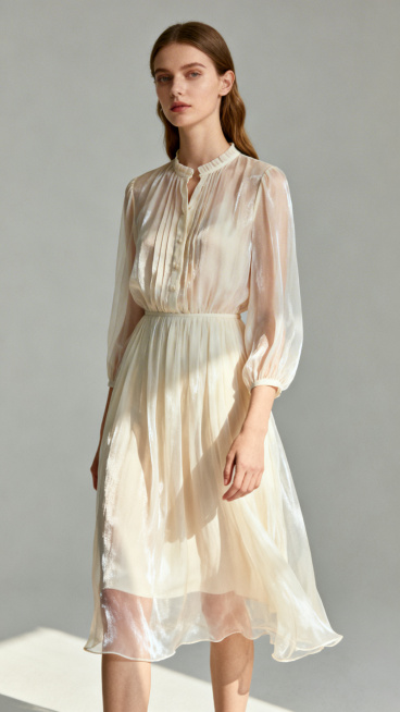 欧美女模特，穿着时尚优雅的女装雪纺衫裙，浅灰色背景，全身照预览效果