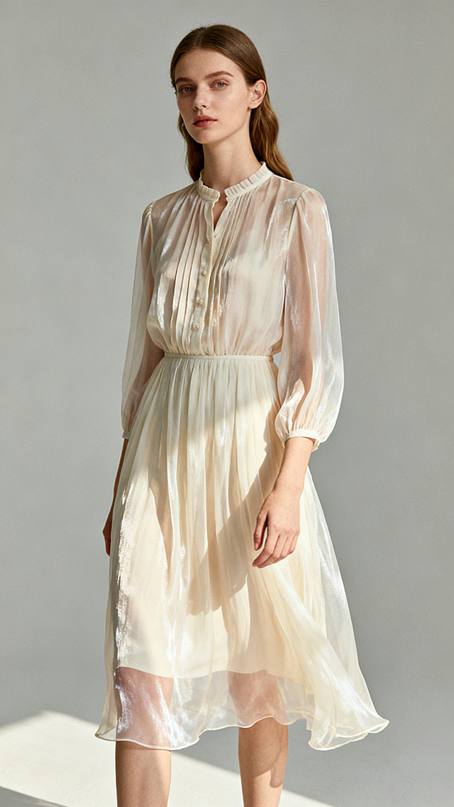 欧美女模特，穿着时尚优雅的女装雪纺衫裙，浅灰色背景，全身照