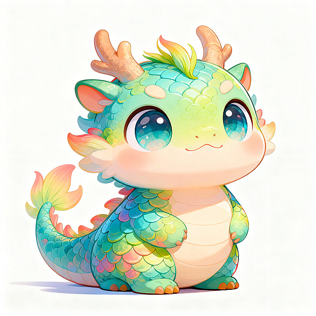 可爱Q版龙，圆滚滚的软萌造型，大大的水汪汪眼睛，鳞片色彩柔和鲜亮，有小巧的龙角和龙须，整体造型憨态可掬没有攻击性，色彩明亮治愈，卡通插画风格，纯色简约背景，整体风格软萌可爱