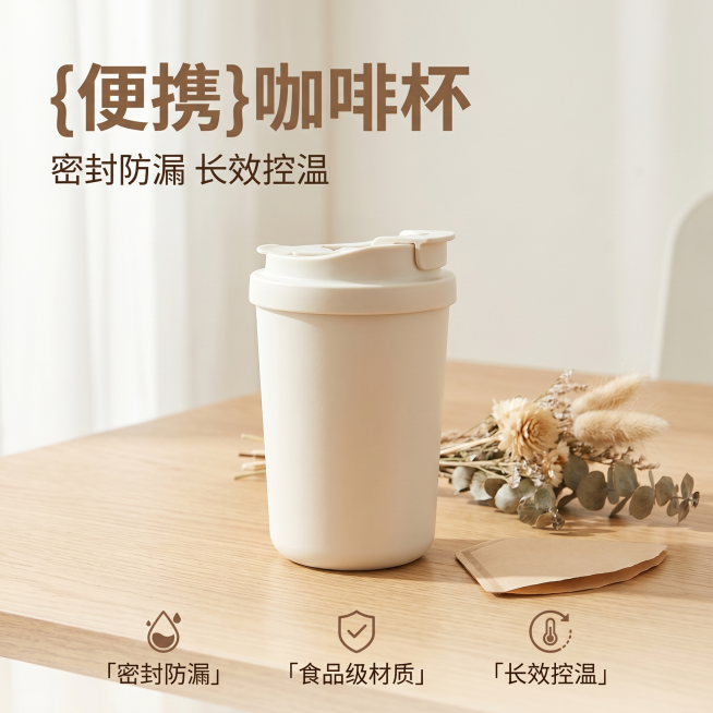 [主图-1] 简约桌面场景咖啡杯展示首图
[氛围风格] 清新简约奶油风家居场景
[画质] 商业摄影质感、光线柔和通透、产品清晰真实、画面干净高级
[元素] 米白色咖啡杯居中放置在浅橡木办公桌面上，旁边预览效果