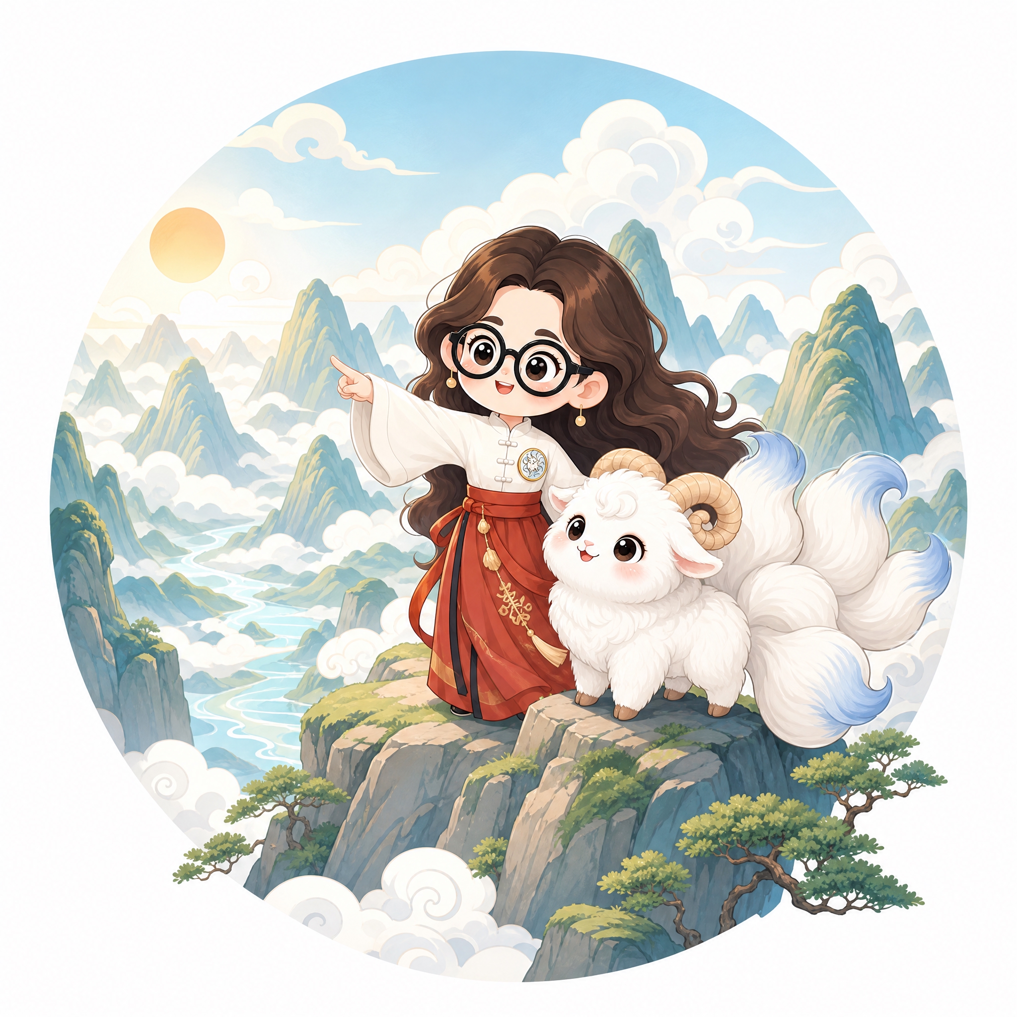 参考图中的戴黑框眼镜穿中式汉服的卡通女孩和白色九尾羊神兽，两人… - 图片创意预览