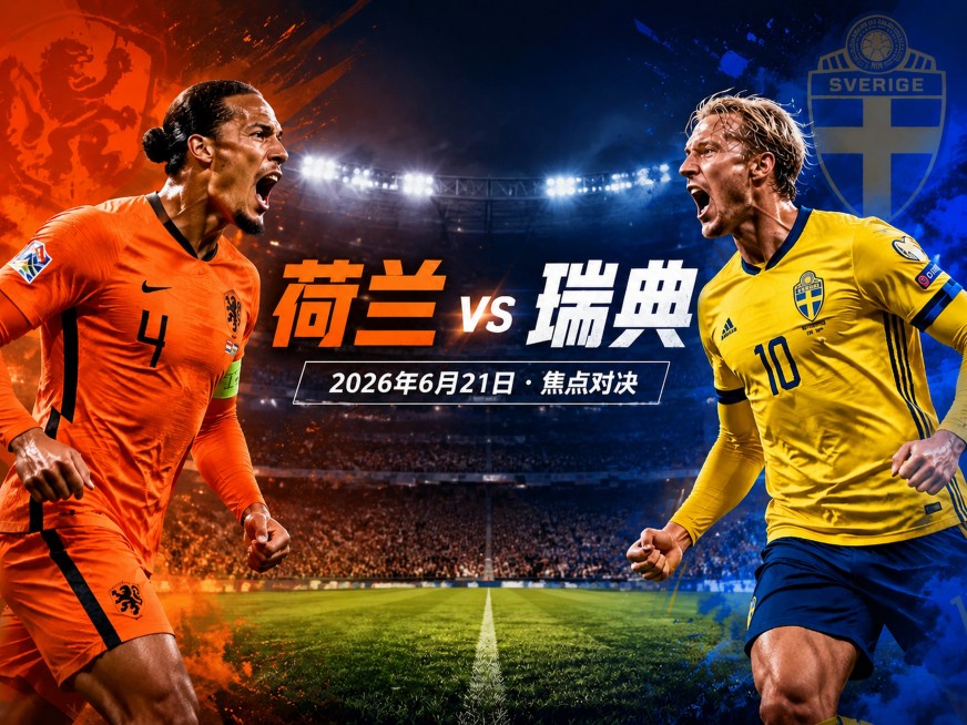 修改现有海报，删除下方三条额外看点文字，只保留主标题"荷兰 vs 瑞典"和副标题"2026年6月21日 · 焦点对决"。保留原海报12:9比例、荷兰瑞典两边对阵球员构图、橙蓝撞色风格、绿茵足球场背景和预览效果