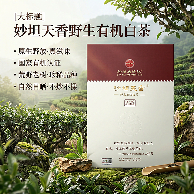基于原图保留产品包装外观不变，展示产品包装清晰细节，将背景融入自然茶园元素，柔和自然光，突出产品"原生野生 有机认证"核心卖点，文案左文右图布局，大标题"妙坦天香野生有机白茶"，下方分点展示核心卖点，文字清晰不遮挡产品，整体自然高级，符合茶叶电商主图规范