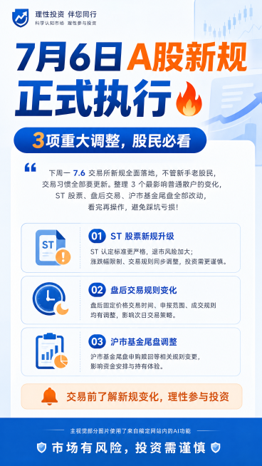 生成一张金融行业每日常态化理性投教海报。物料类型：图解海报，主题：7月6日A股新规落地科普，面向人群：普通股民，标题："7月6日A股新规正式执行🔥"，主句："3项重大调整，股民必看"，主体解释："下预览效果