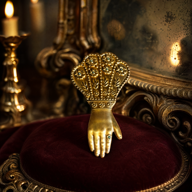 为神圣之手Ex Voto Milagro复古金饰生成另一款不同的复古展示场景，保留金饰细节，风格高级复古，适合珠宝展示预览效果