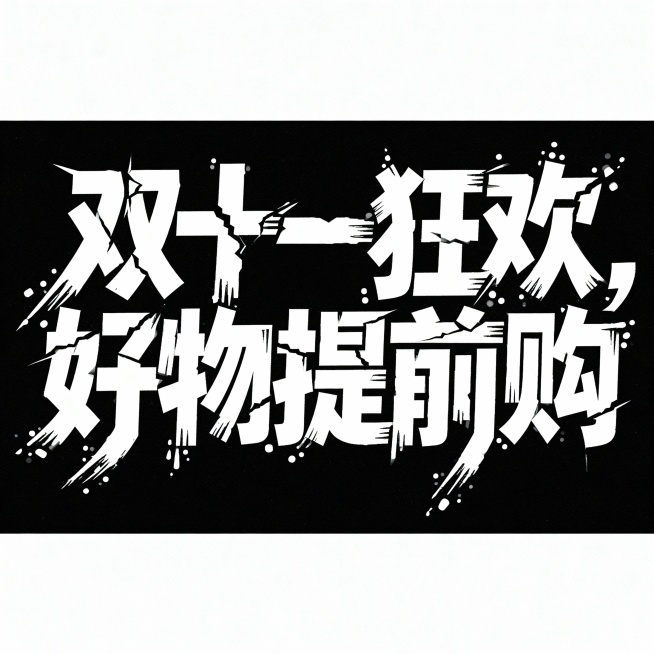 创意断裂风格字体设计，“双十一狂欢，好物提前购”，字体粗细对比强烈，笔画夸张，带断点与连笔，动作伸展，造型不规则，极富表现力，黑色背景，白色字体预览效果